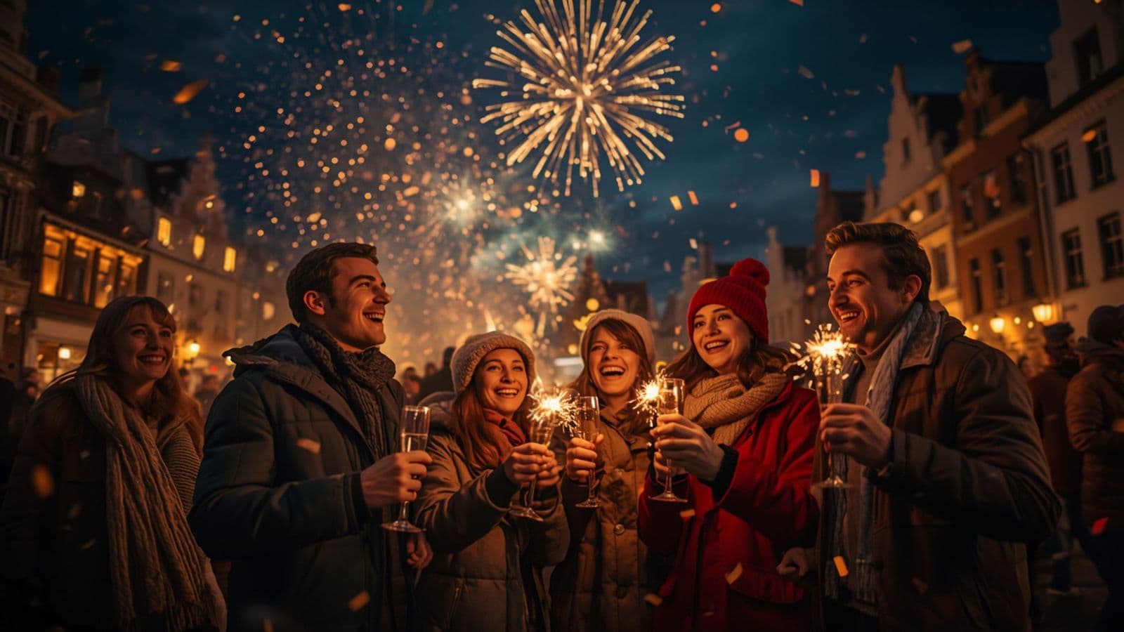 Prieteni care sărbătoresc Revelionul în piața unui oraș vechi, cu artificii și steluțe