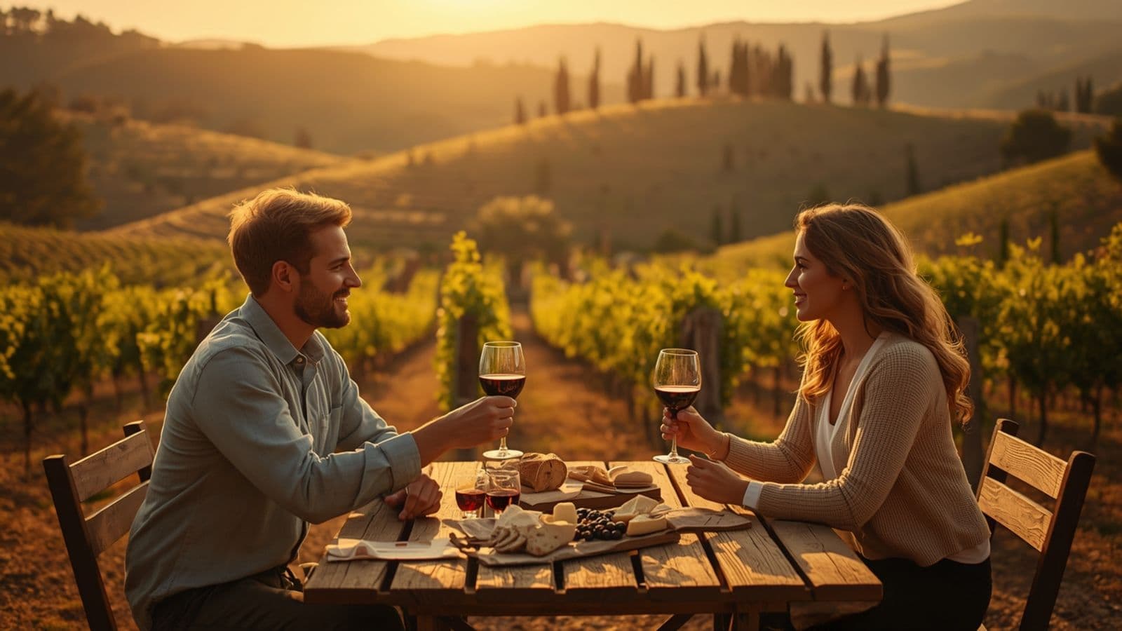 Cuplu degustând vin roșu la o masă rustică într-o podgorie din Toscana, la apus