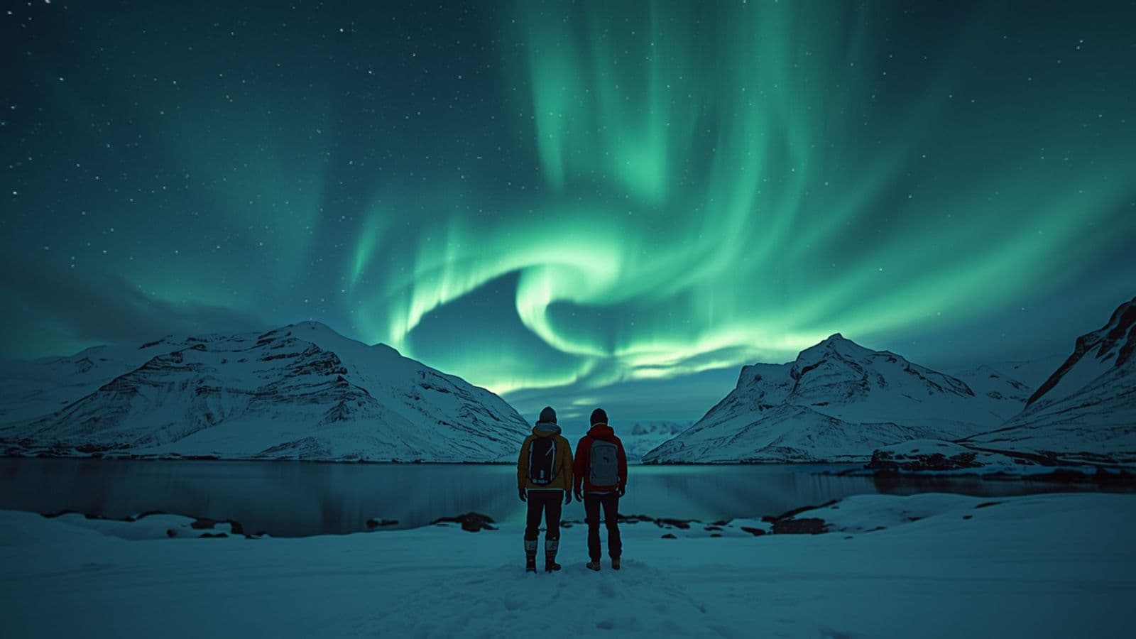 Doi călători privind aurora boreală deasupra munților înzăpeziți din nordul Norvegiei