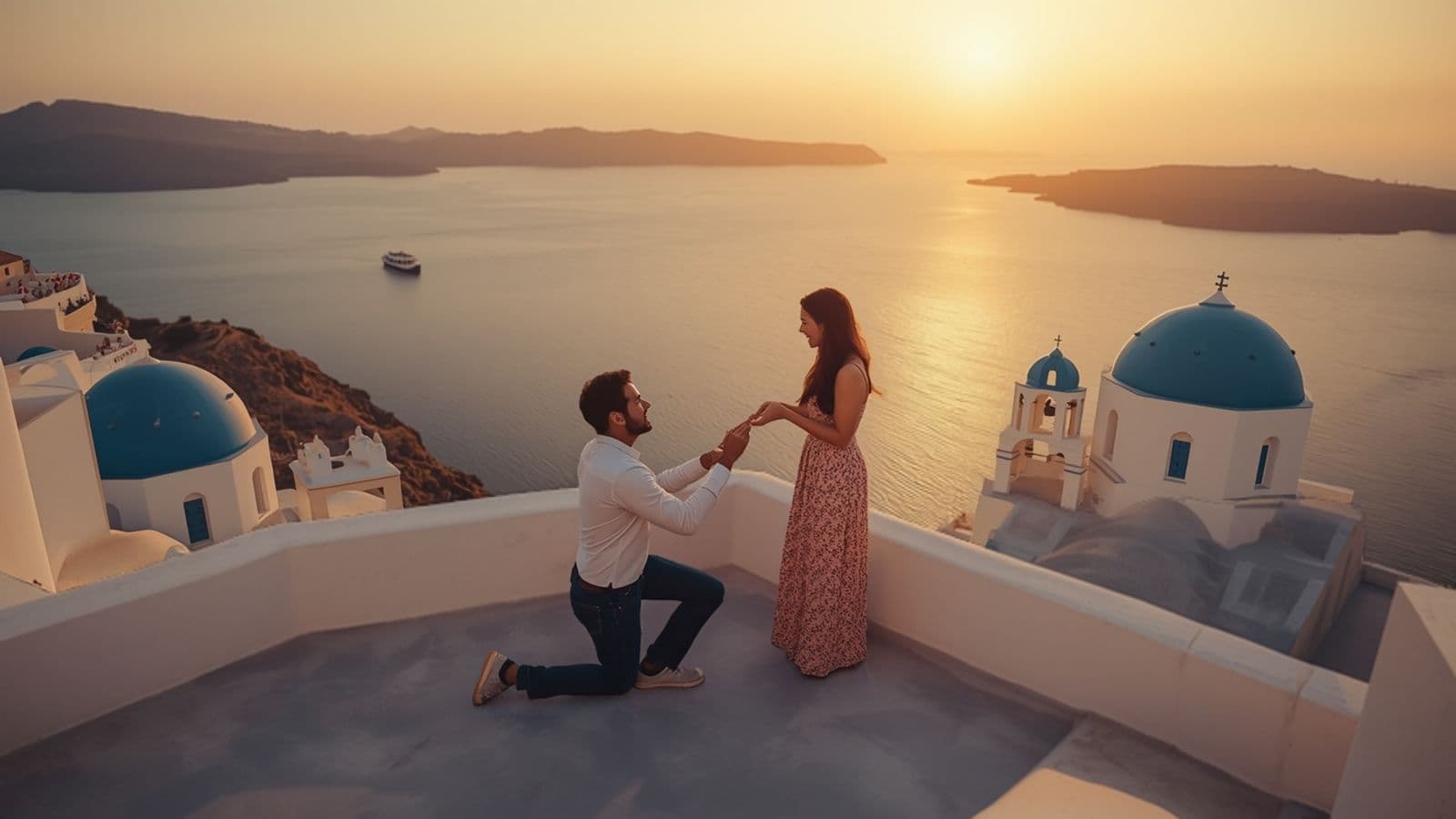 Bărbat în genunchi cerându-și iubita în căsătorie pe o terasă din Santorini, la apus