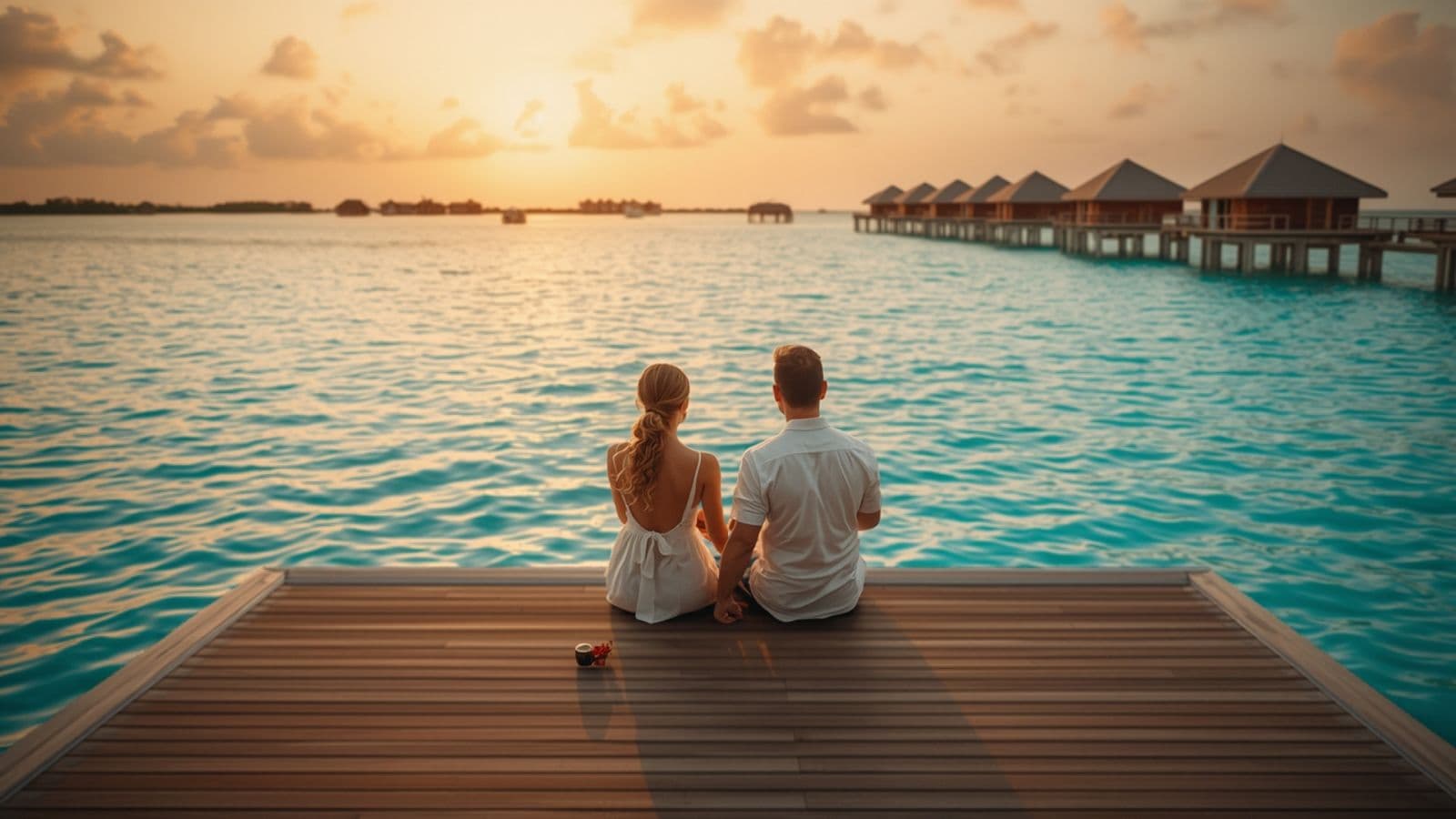 Proaspăt căsătoriți pe pontonul unei vile pe apă din Maldive, la apus