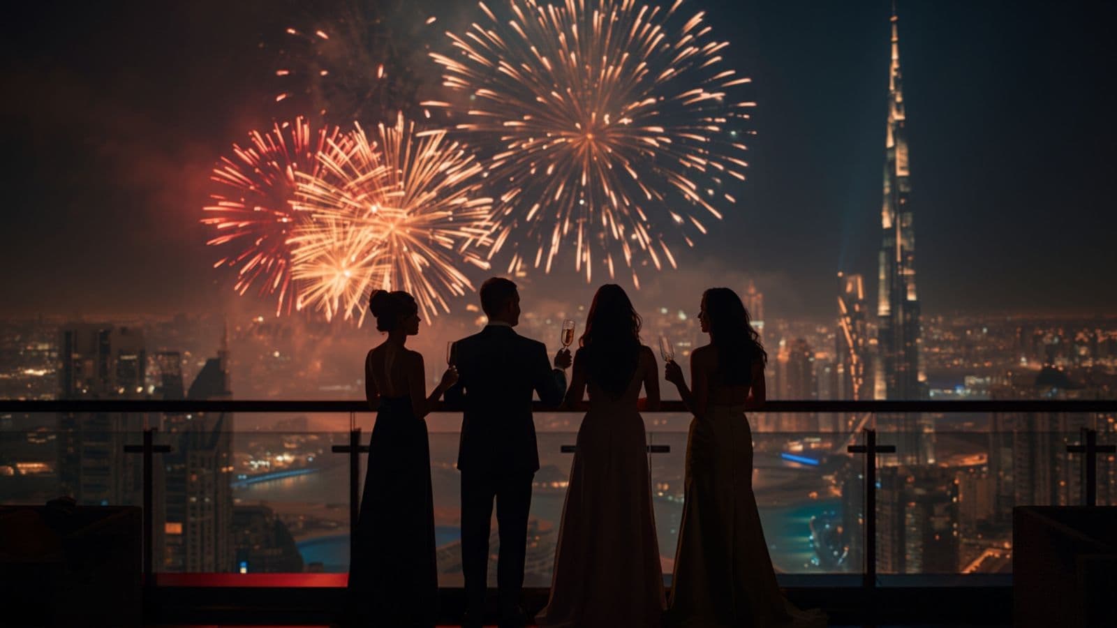 Prieteni pe o terasă din Dubai, cu paharele ridicate, privind artificiile de Revelion de lângă Burj Khalifa