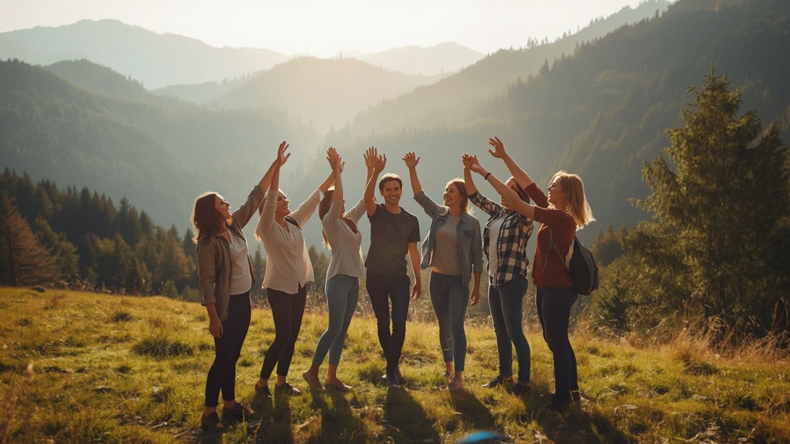 Colegi pe o pajiște de munte, bătând palma în grup la o ieșire de teambuilding